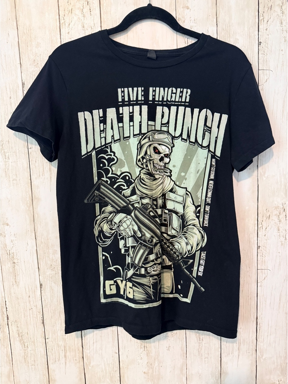 Bay Island Five Finger Death Punch Men’s S Black Skeleton Soldier Band T-Shirt